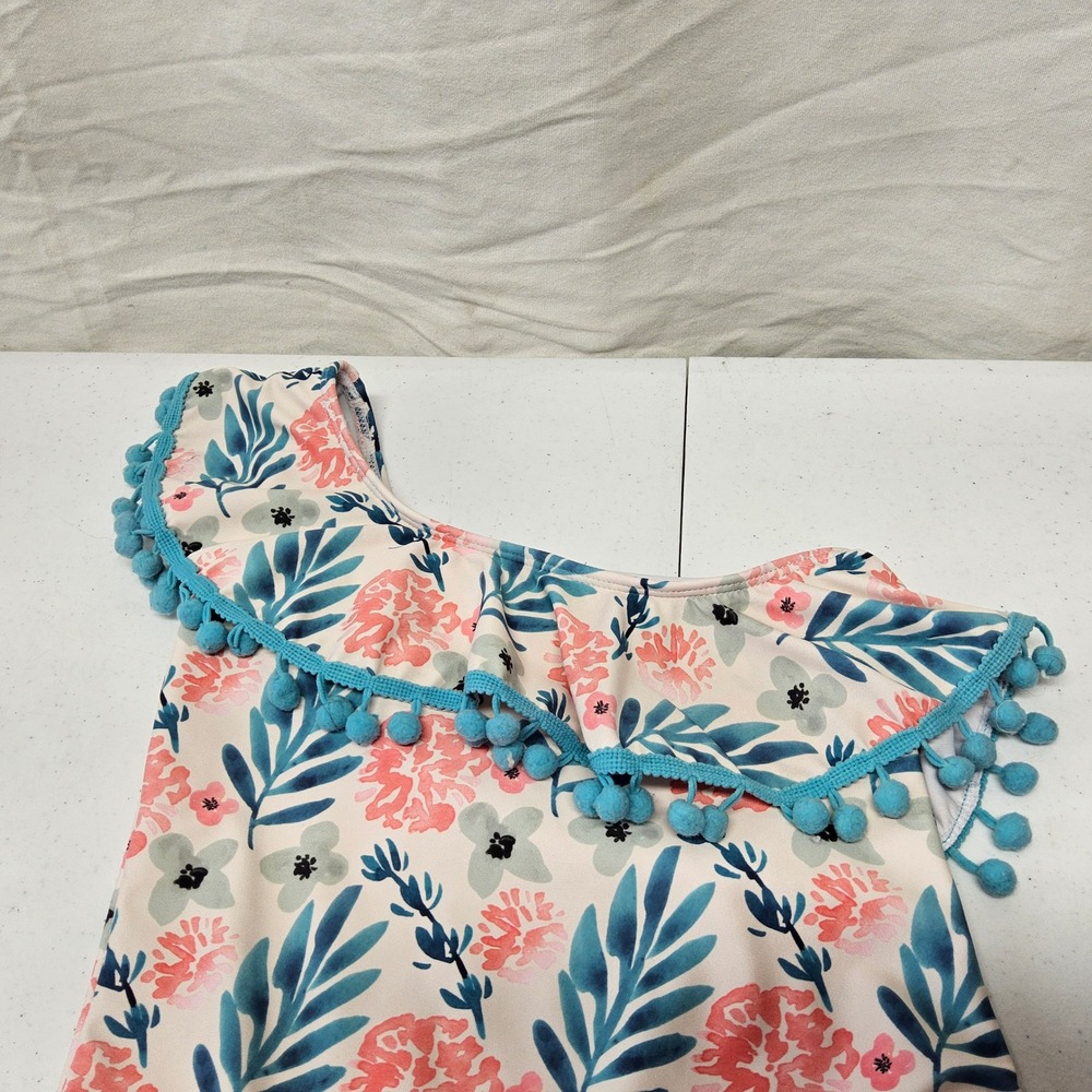 Ruffle Girl One Piece Swimsuit Kids XXL Cream Pink Floral Pom Pom One Shoulder‎